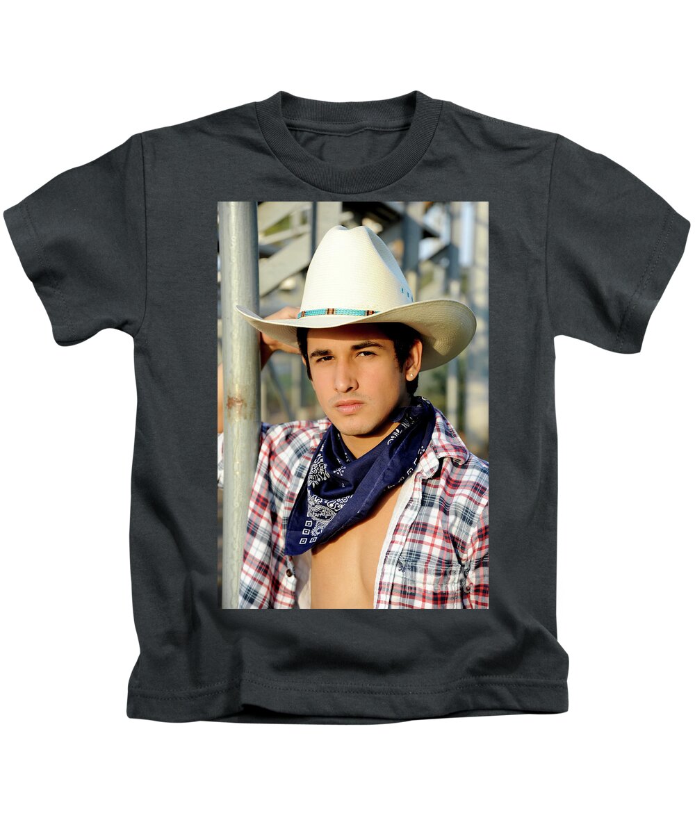 Cowboy Kids T-Shirt featuring the photograph Young Cowboy in White Cowboy Hat by Gunther Allen