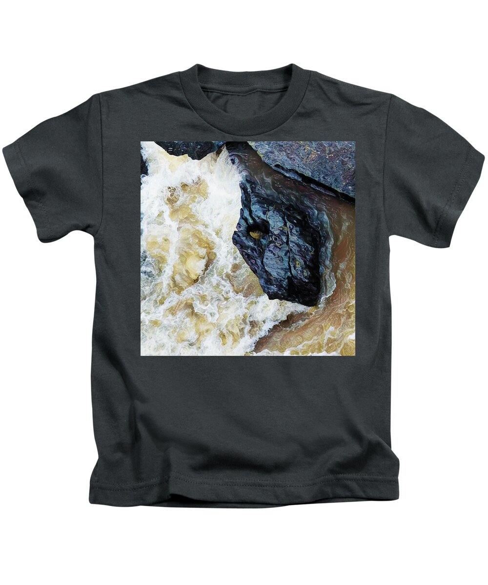 Yuba Blue Kids T-Shirt featuring the digital art Yuba Blue Boulder in Stormy Waters by Lisa Redfern