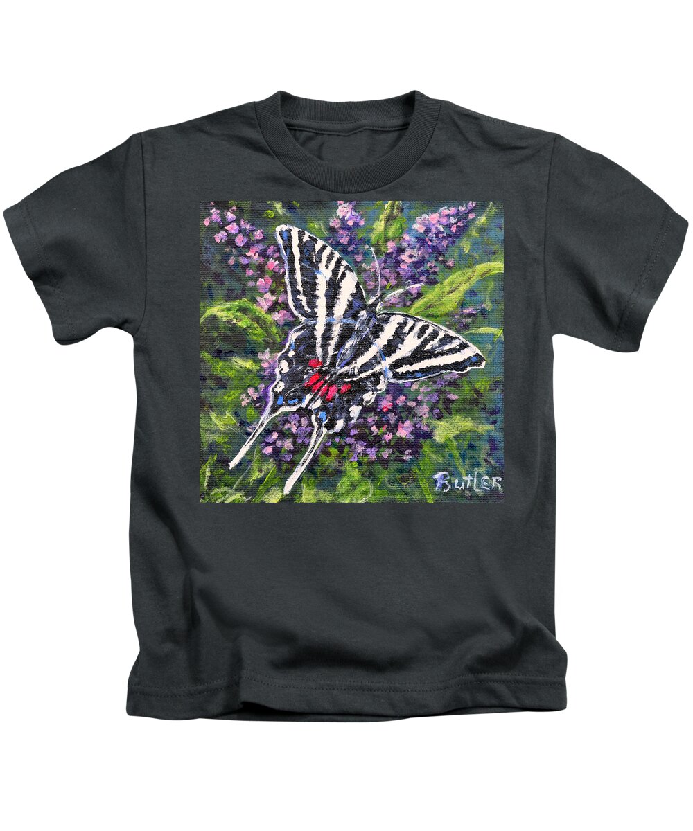 Butterfly Zebra Swallowtail Flower Nature Purple Kids T-Shirt featuring the painting Zebra Swallowtail by Gail Butler
