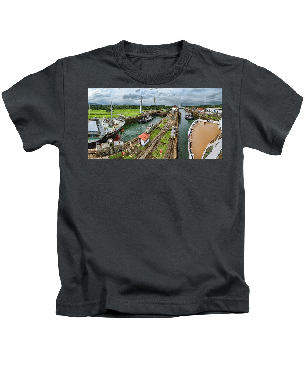 Photography Kids T-Shirt featuring the photograph Boats In A Canal, Panama Canal Locks #1 by Panoramic Images