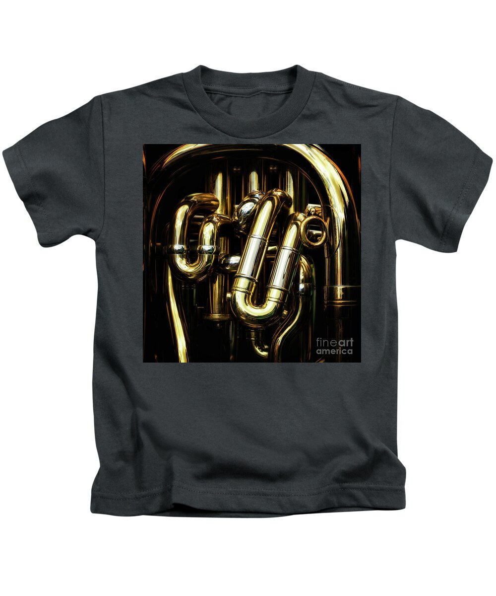 Tuba Kids T-Shirt featuring the photograph Detail of the brass pipes of a tuba #1 by Jane Rix