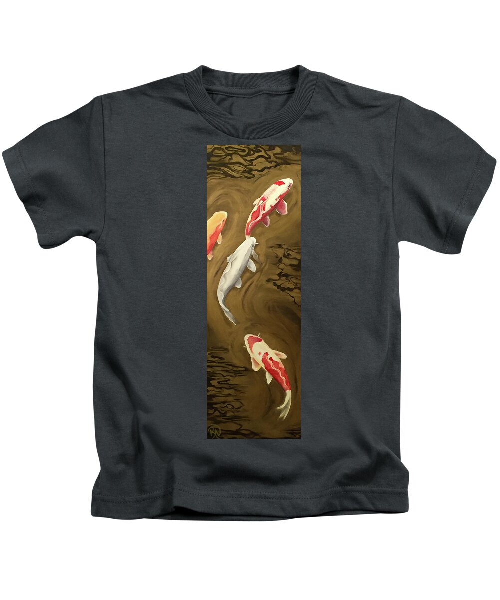 Koi Kids T-Shirt featuring the painting Koi Among Gold Waters #1 by Renee Noel