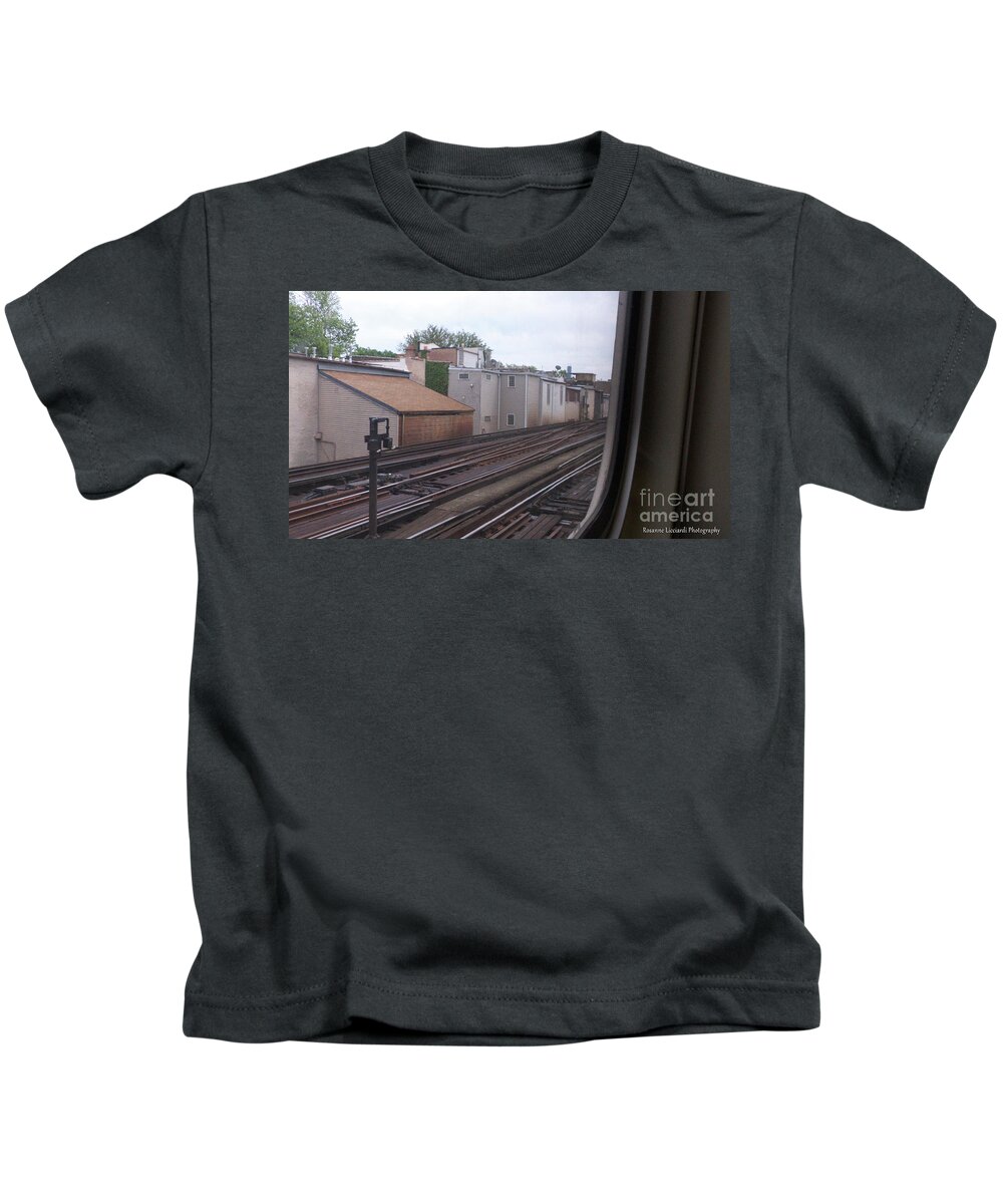 Through The Window Kids T-Shirt featuring the photograph Riding The El #1 by Rosanne Licciardi