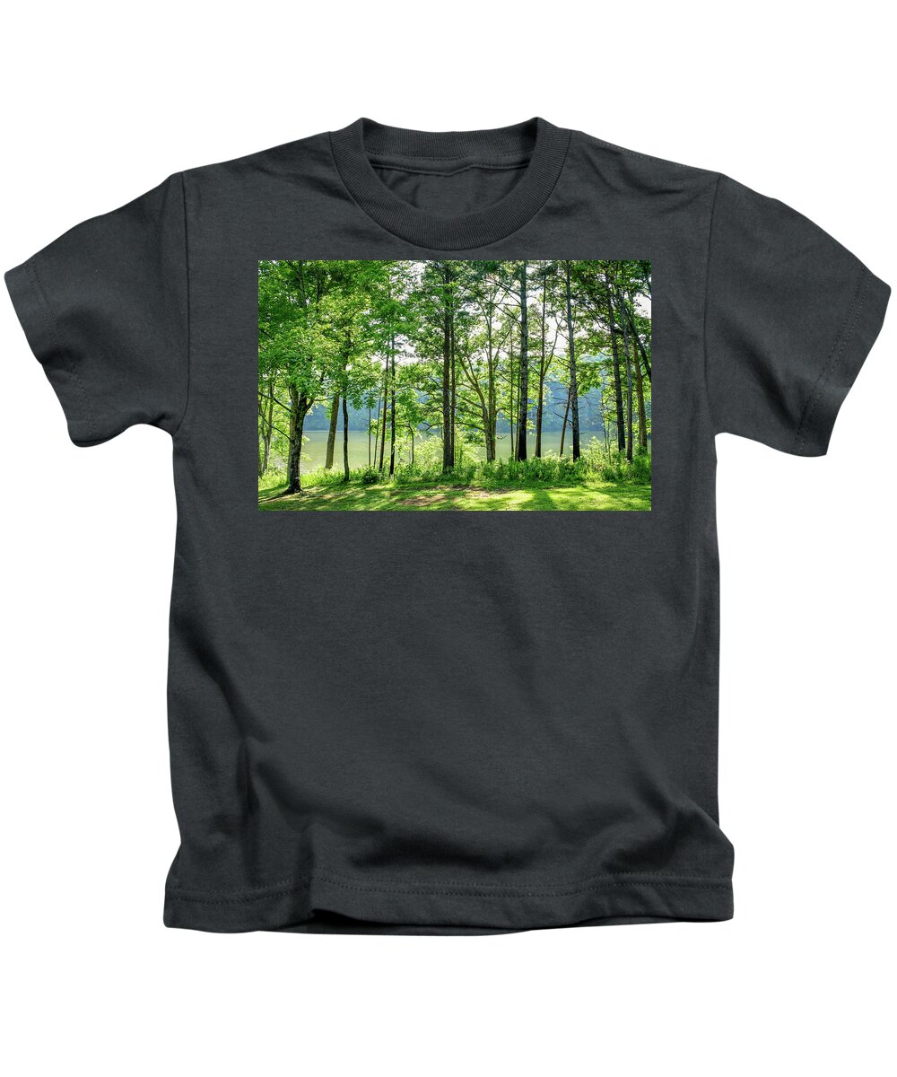 Sunlight Through The Trees Kids T-Shirt featuring the photograph Through the Trees #2 by Marcy Wielfaert