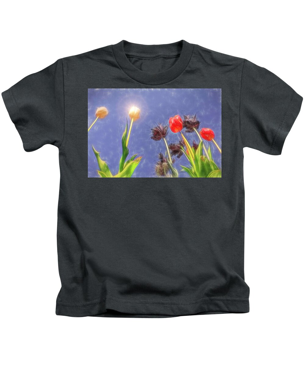 Blooms Kids T-Shirt featuring the mixed media Tulips, tulips, tulips #1 by Sue Leonard