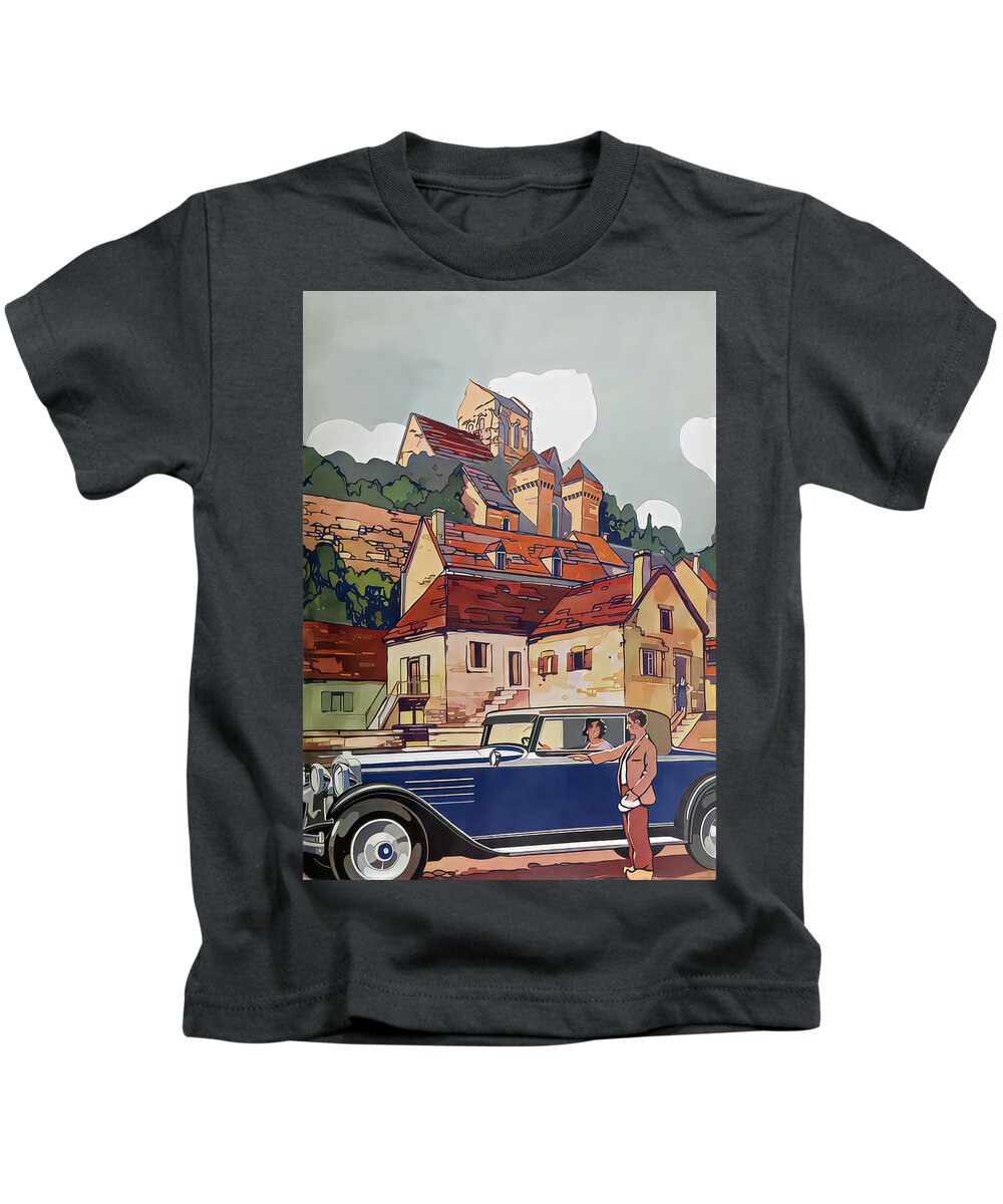 Vintage Kids T-Shirt featuring the mixed media 1930 Coupe With Woman Driver And Visitor Dutch Village Original French Art Deco Illustration by Retrographs