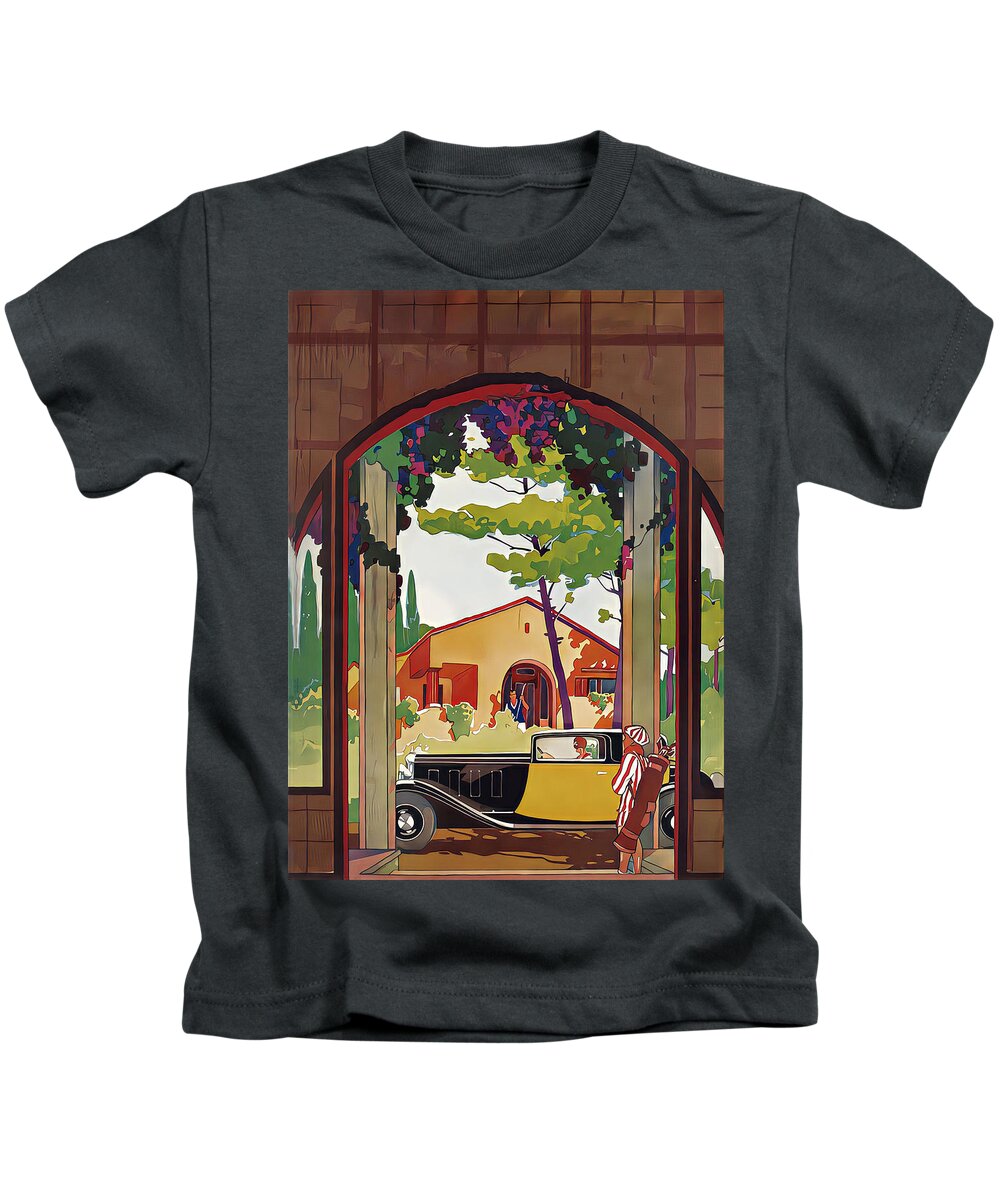 Vintage Kids T-Shirt featuring the mixed media 1933 Coupe With Woman Driver And Golf Partners Original French Art Deco Illustration by Retrographs