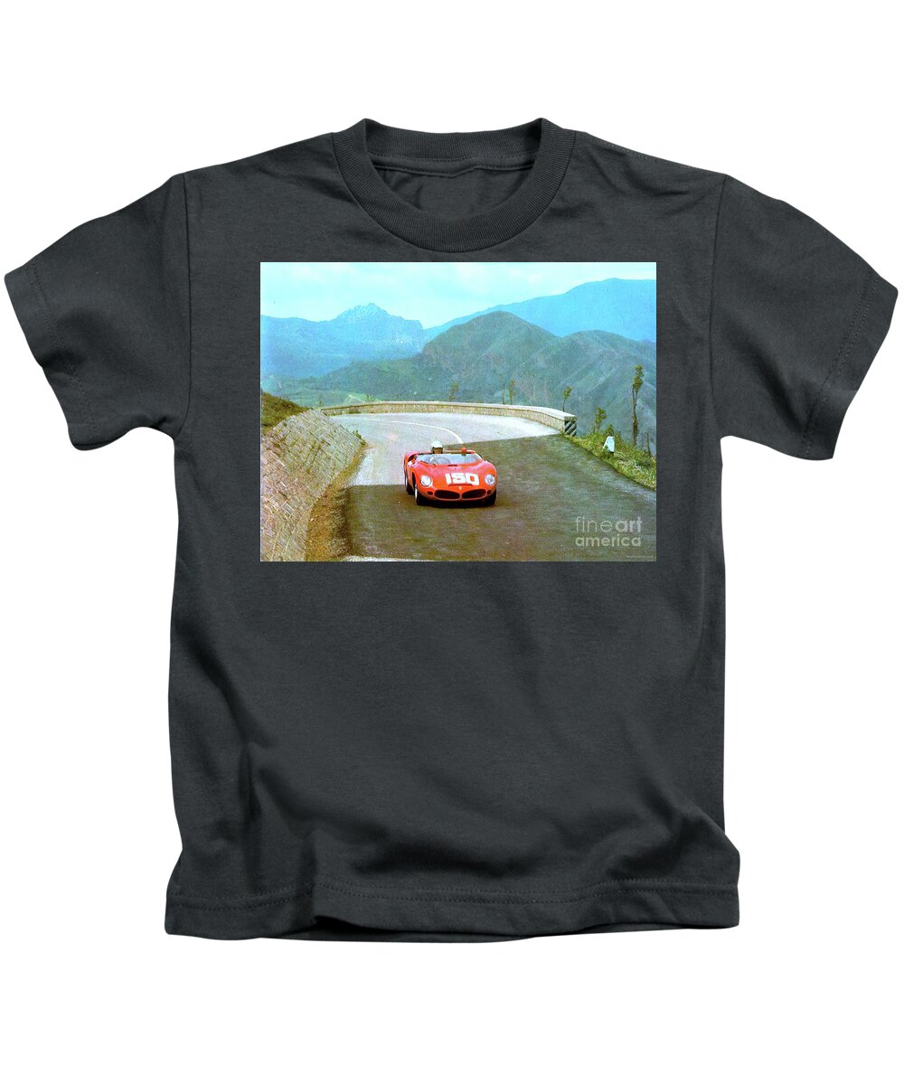Vintage Kids T-Shirt featuring the photograph 1960s Ferrari Mountain Racing Scene by Retrographs