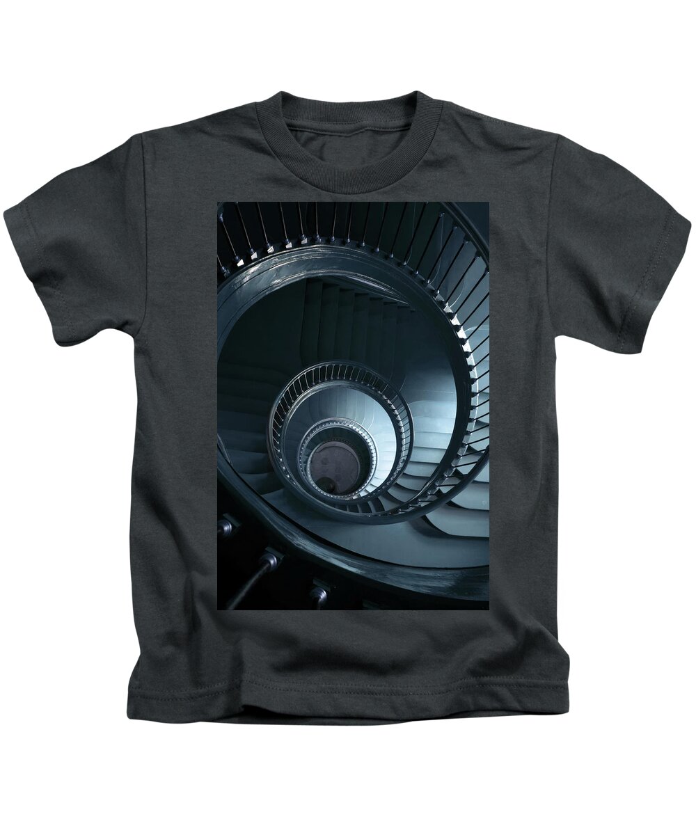 Architecture Kids T-Shirt featuring the photograph Blue spiral staircase #2 by Jaroslaw Blaminsky