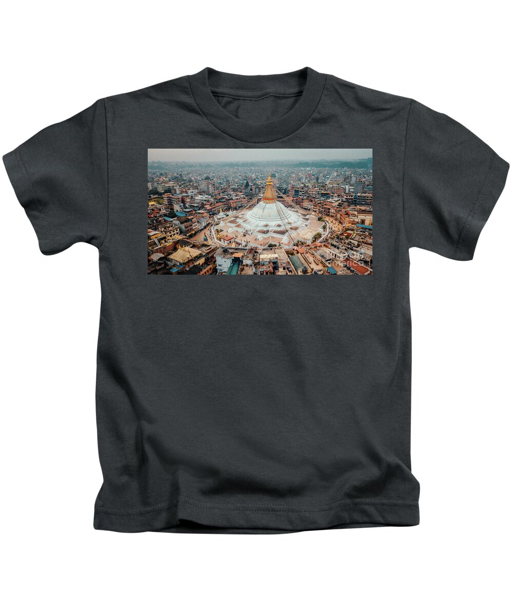 Buddhist Kids T-Shirt featuring the photograph Stupa temple Bodhnath Kathmandu, Nepal from air October 12 2018 #4 by Raimond Klavins