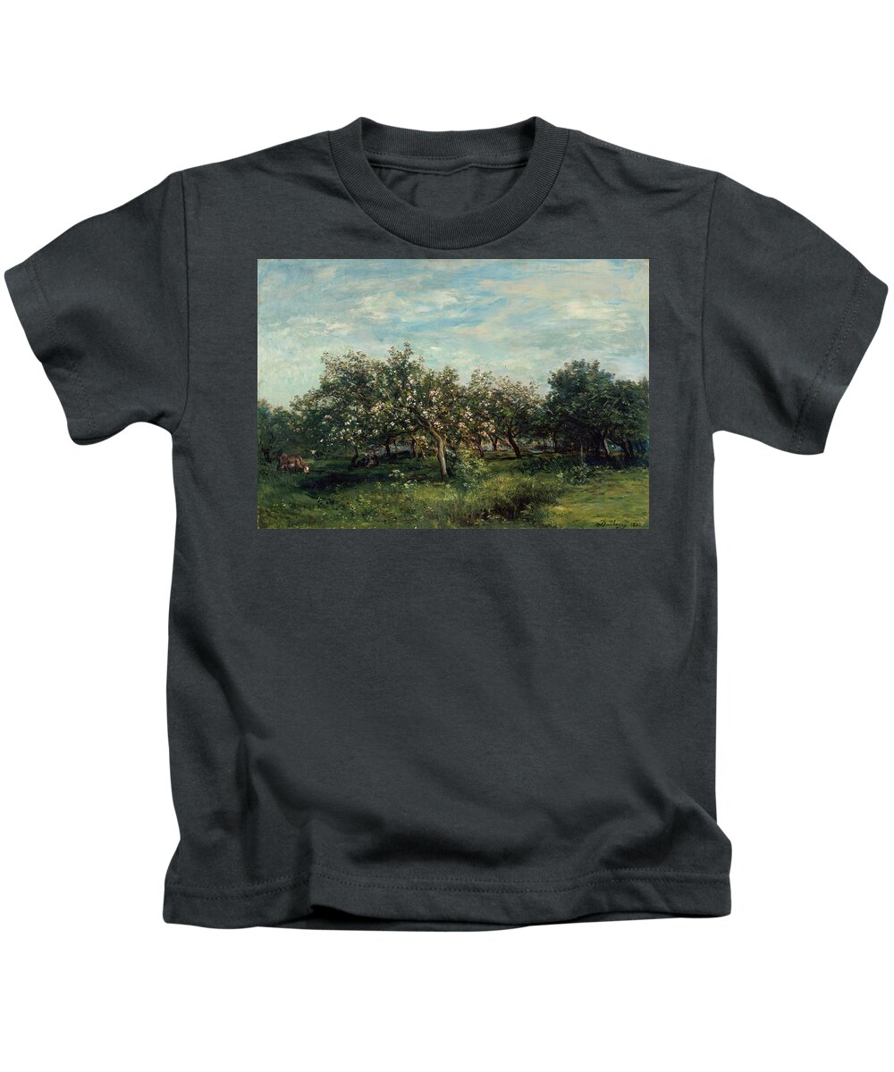 Barbizon School Kids T-Shirt featuring the painting Apple Blossoms #5 by Charles-Francois Daubigny