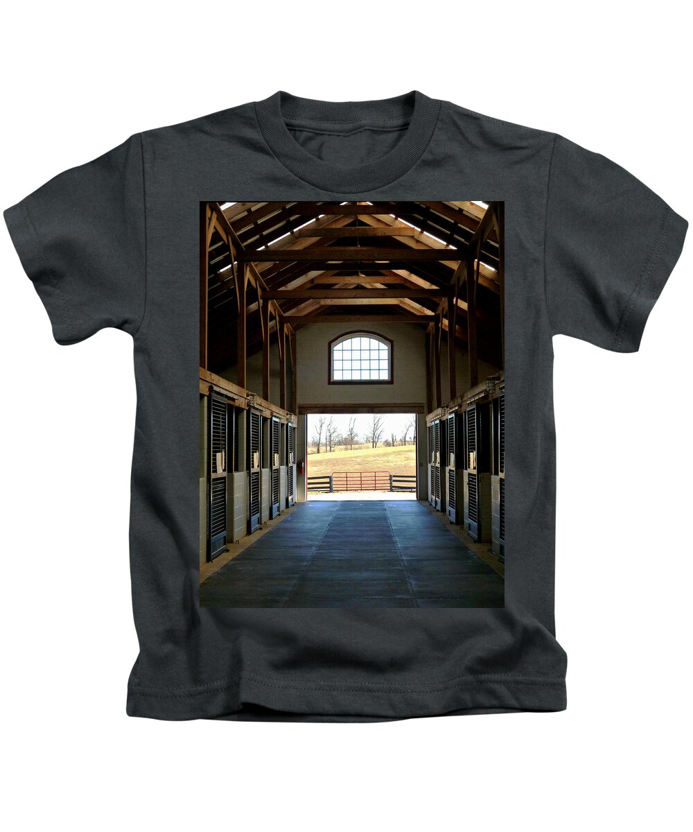 Kentucky Horse Barn Kids T-Shirt featuring the photograph A Kentucky View from the Barn by Mike McBrayer