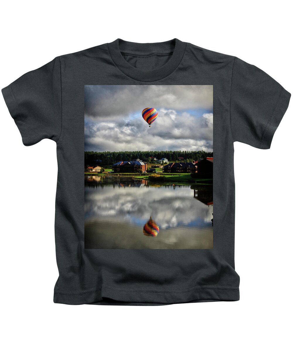 Hot Air Balloon Over Lake Kids T-Shirt featuring the photograph A Place of Reflection by See It In Texas