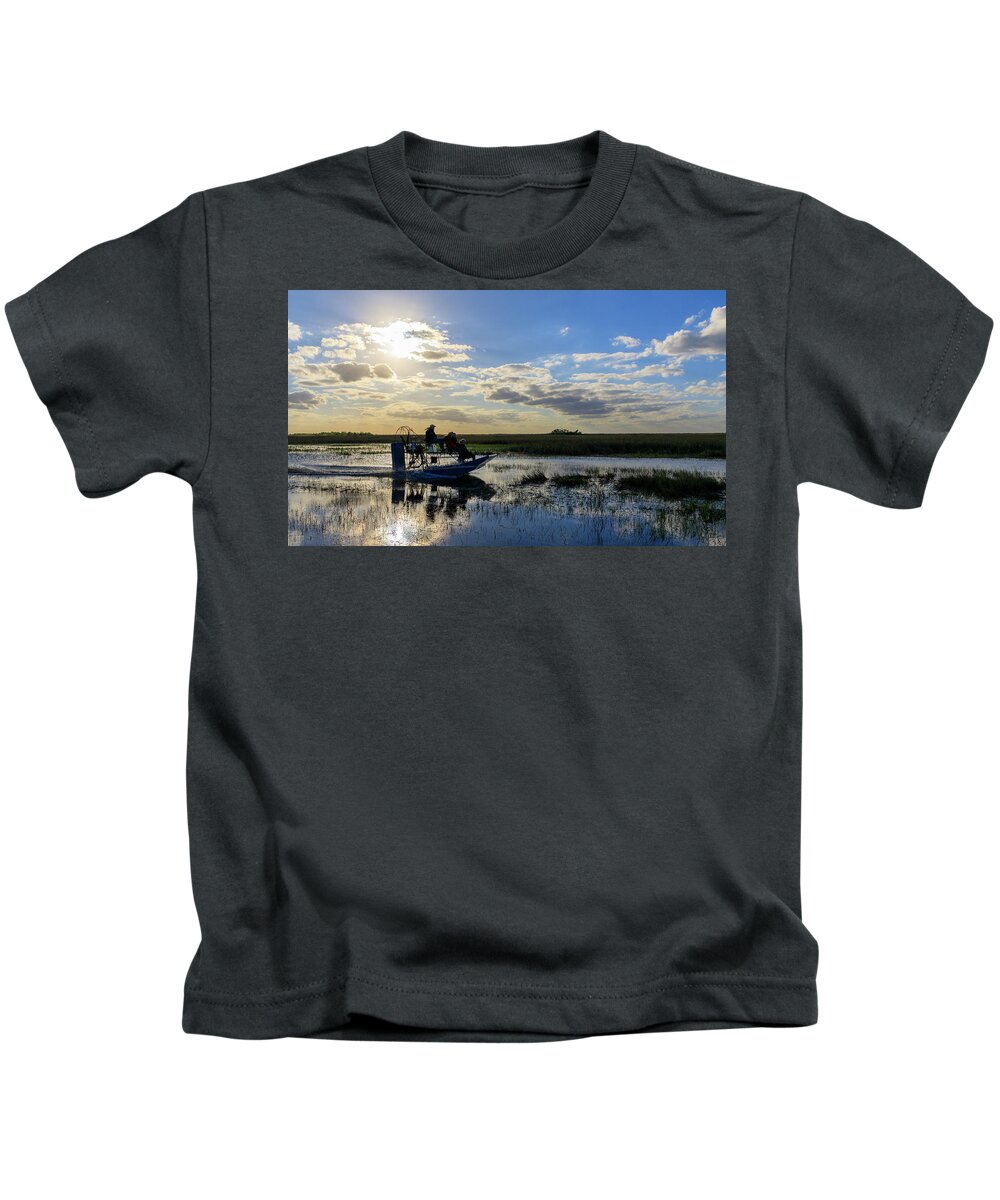 Airboat Kids T-Shirt featuring the photograph Airboat at Sunset #660 by Michael Fryd
