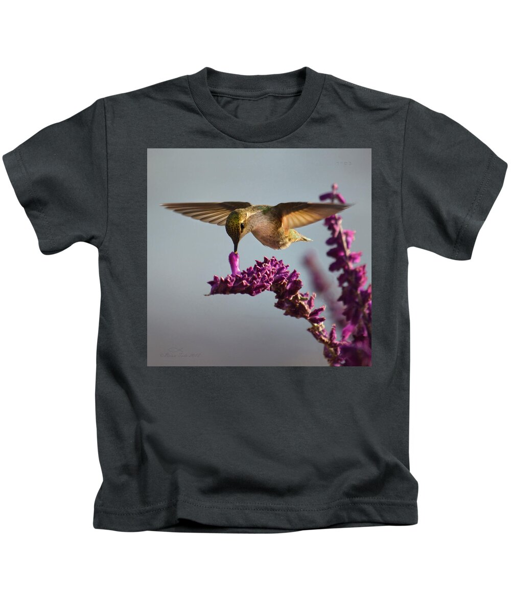 Wildlife Kids T-Shirt featuring the photograph Anna's Hummingbird Sipping Nectar from Salvia Flower by Brian Tada