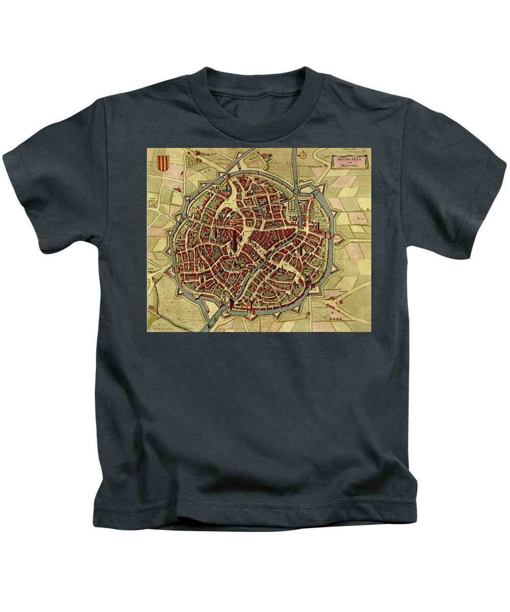 Military Kids T-Shirt featuring the photograph Antique map of Mechelen - Malines in Belgium by Steve Estvanik