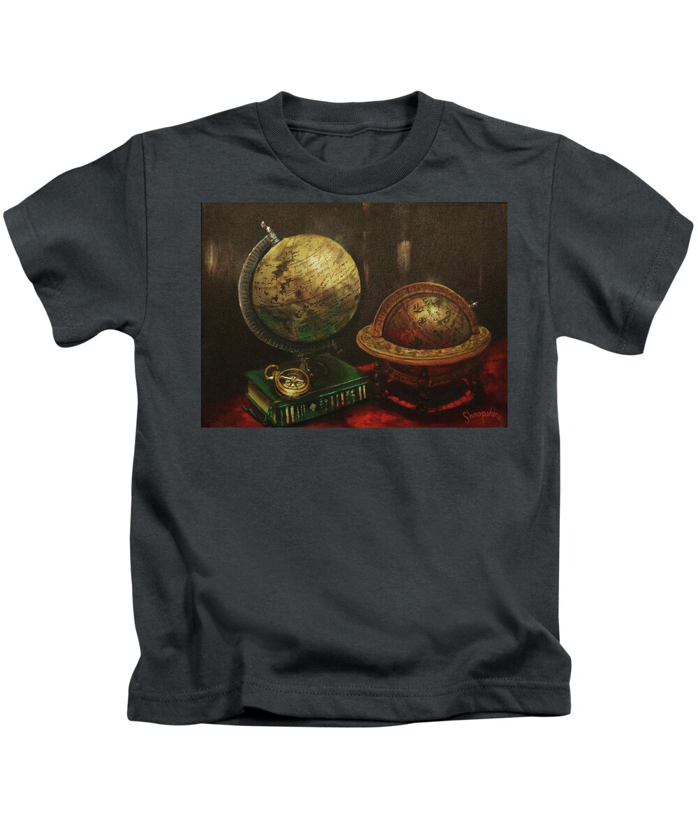 Explorers’ Club Kids T-Shirt featuring the painting Armchair Traveler by Tom Shropshire