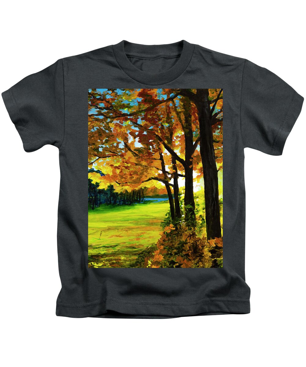 Autumn Kids T-Shirt featuring the painting Sunset over the Park by Lynn Hansen