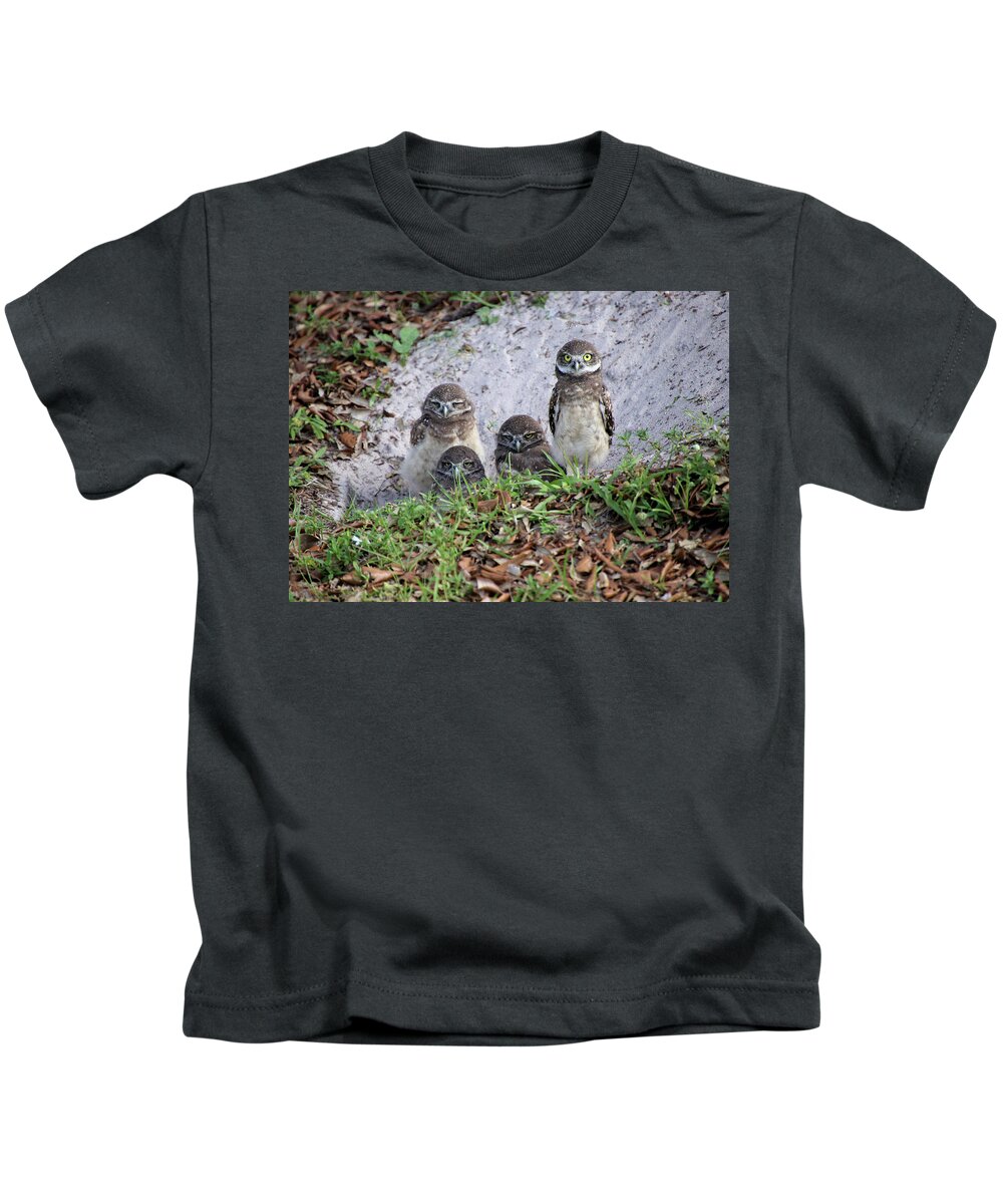 Baby Kids T-Shirt featuring the photograph Baby Burrowing Owls Posing by Rosalie Scanlon