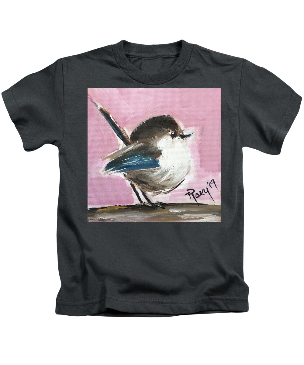 Wren Kids T-Shirt featuring the painting Baby Wren by Roxy Rich