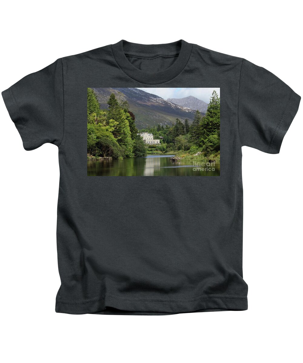 Castle Ireland Connemara Galway River Mountains Fishing Trees Forest Nature Photography Landscape Kids T-Shirt featuring the photograph Ballynahinch Castel by Peter Skelton
