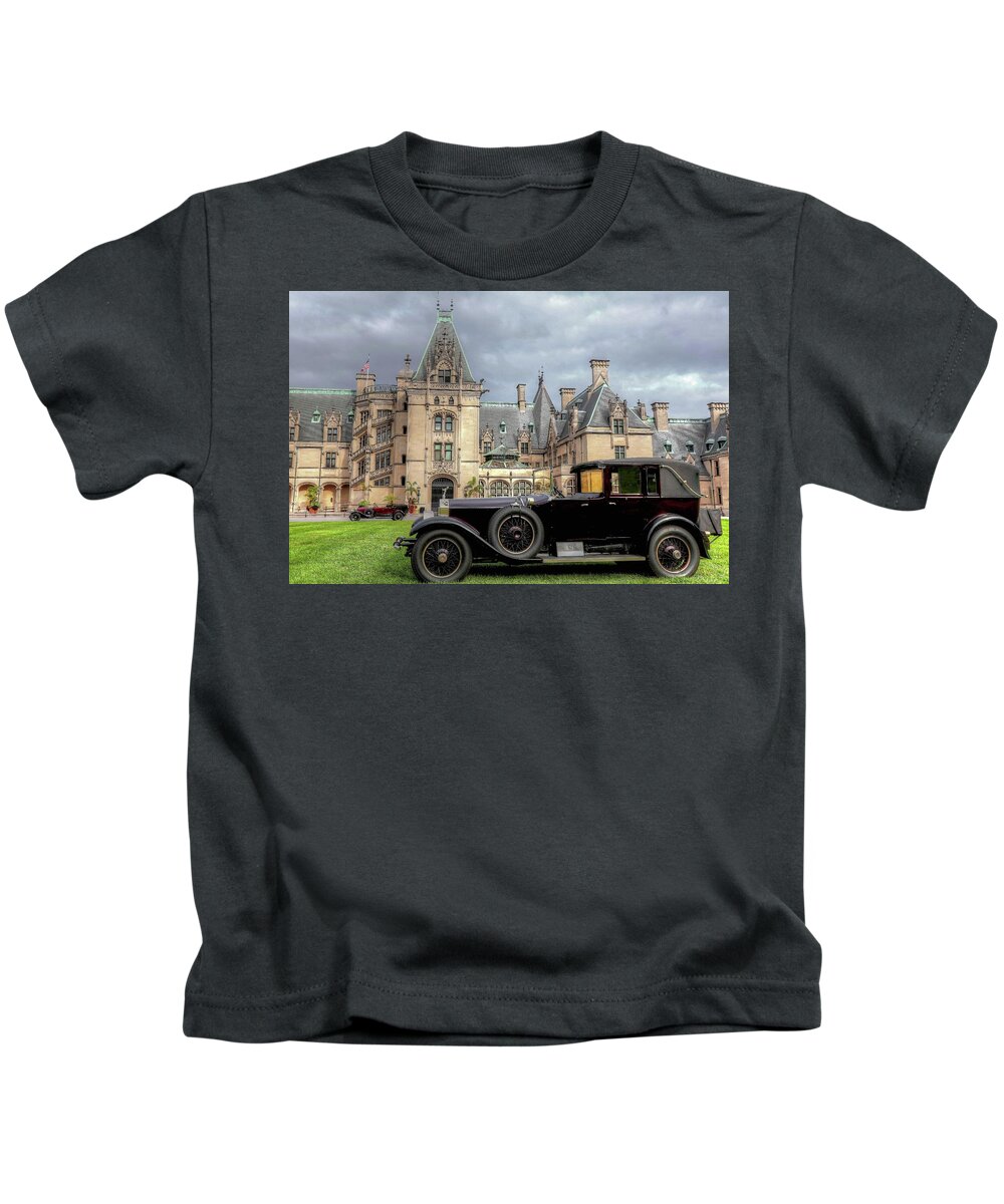 Silver Ghost Rolls Royce Kids T-Shirt featuring the photograph Biltmore House and Two Rolls Royce by Carol Montoya