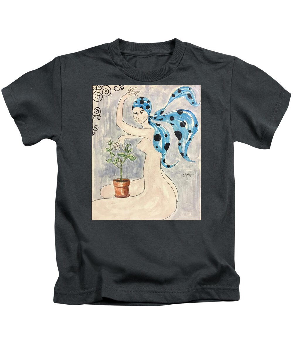 Ricardosart37 Kids T-Shirt featuring the painting Blue Scarf Black Spheres by Ricardo Penalver deceased