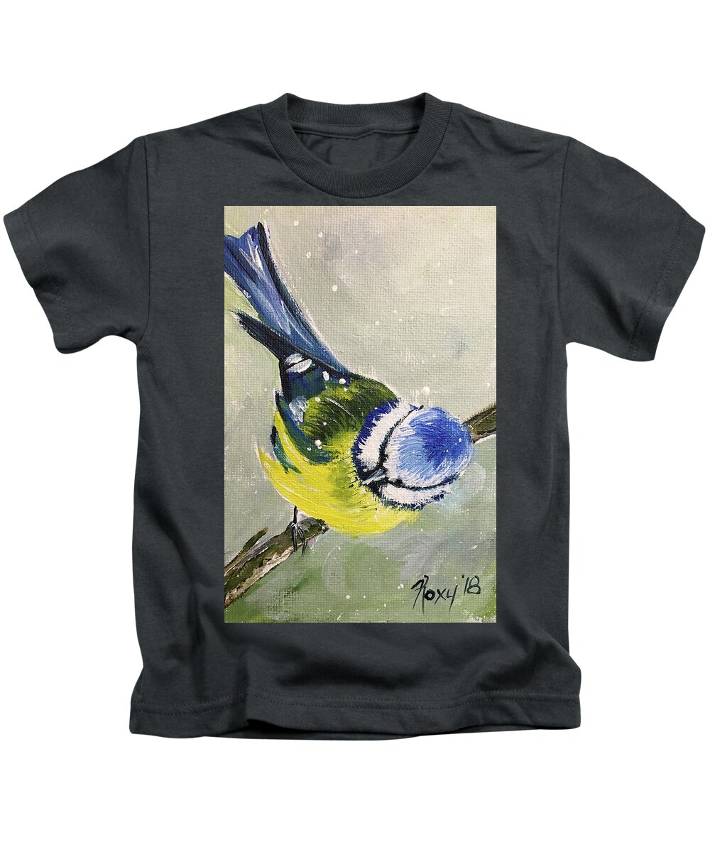Bird Kids T-Shirt featuring the painting Blue Tit in Snow by Roxy Rich