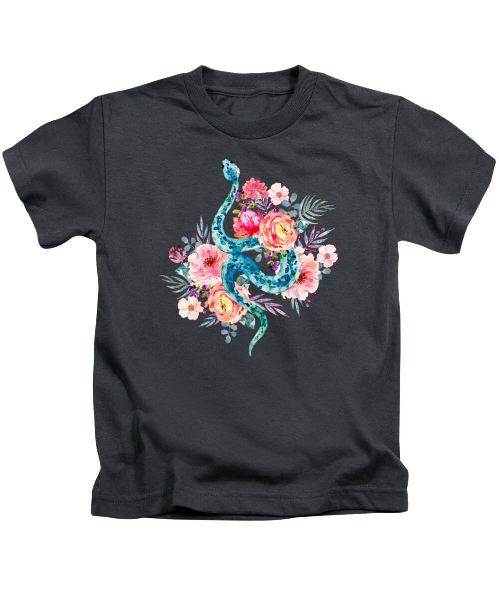 Flowers Kids T-Shirt featuring the painting Blue Watercolor Snake In The Flower Garden by Little Bunny Sunshine