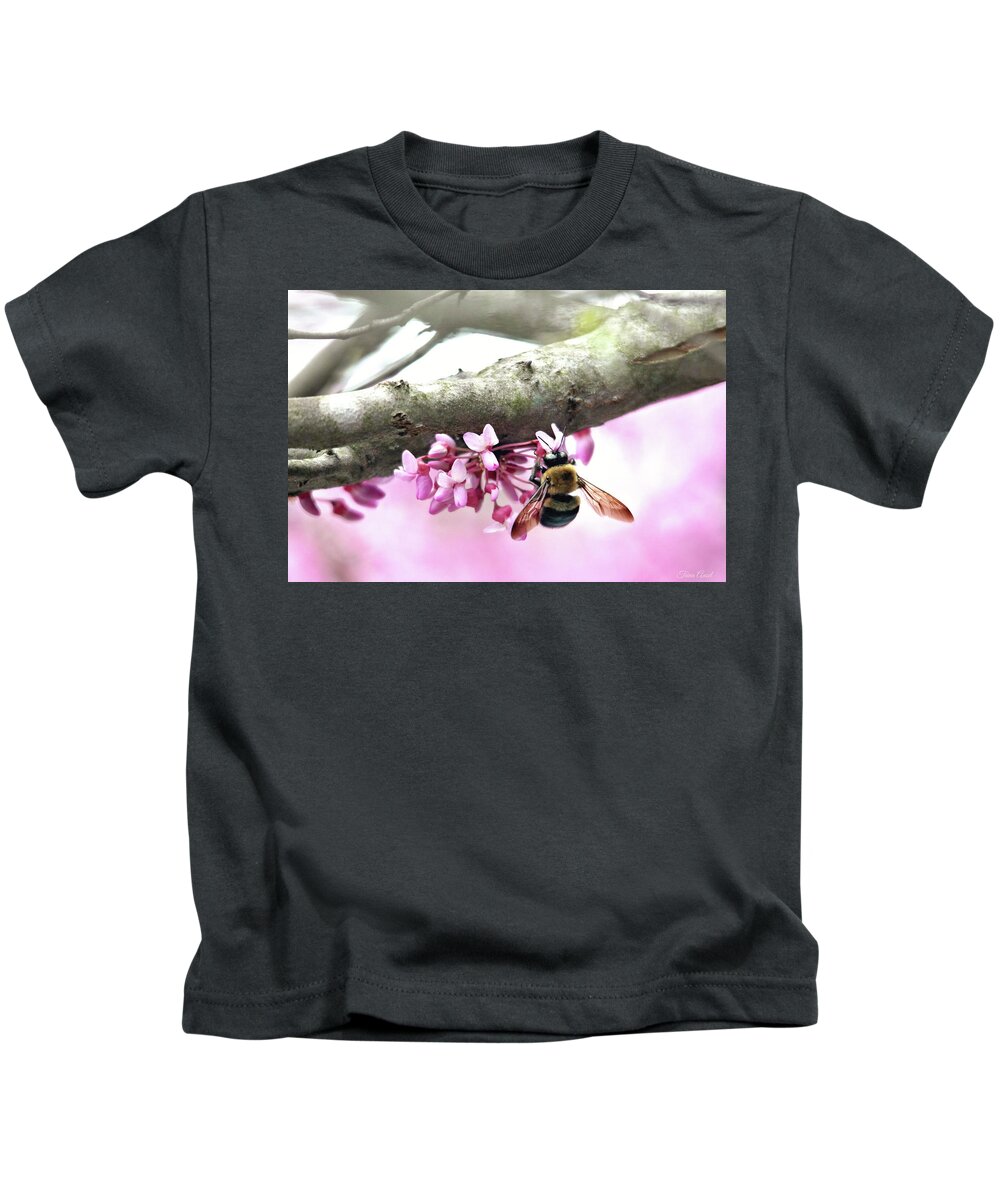 Bumblebee Kids T-Shirt featuring the photograph Bumblebee on Redbud Flower by Trina Ansel