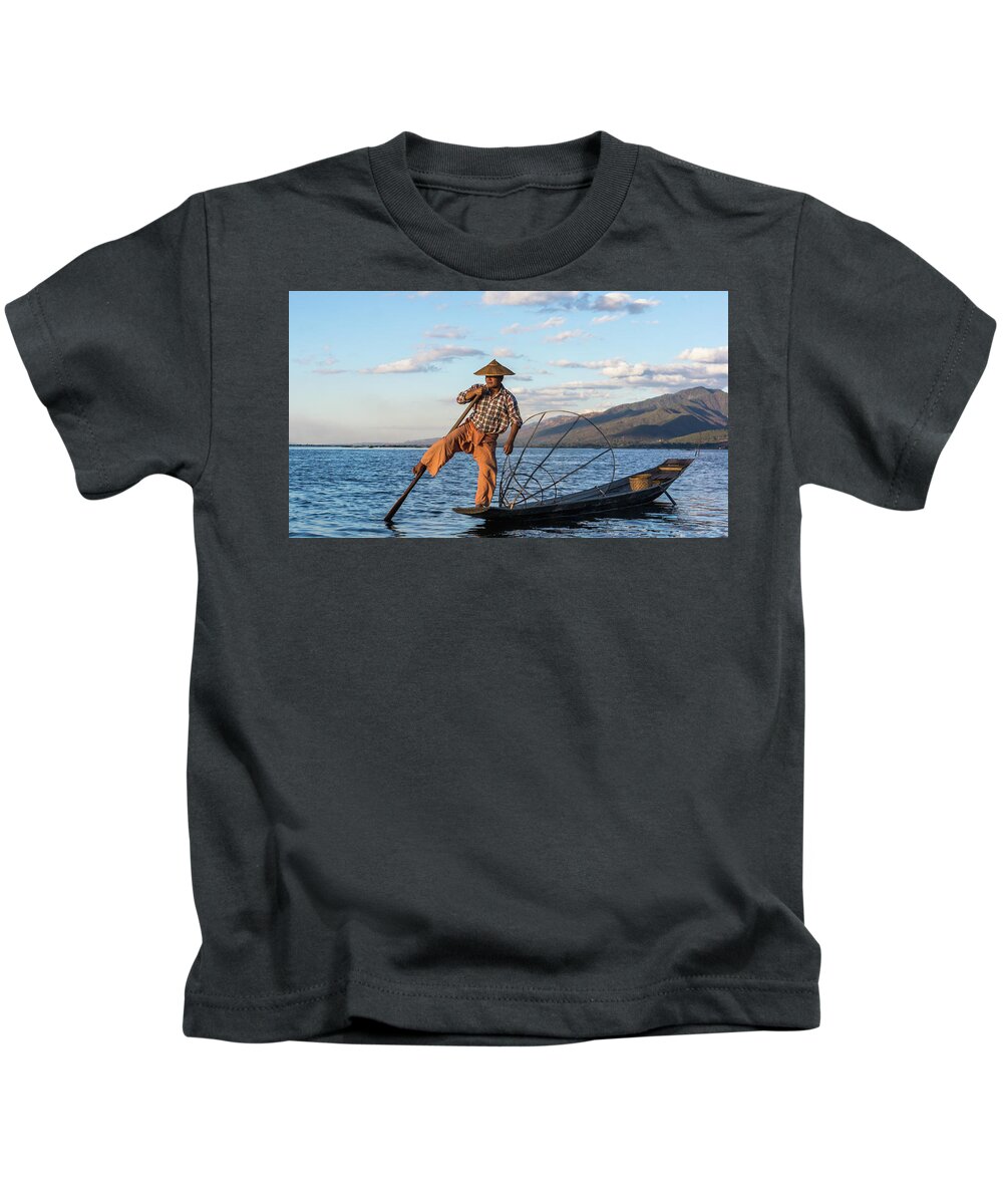 Fisherman Kids T-Shirt featuring the photograph Burmese Intha fisherman by Ann Moore