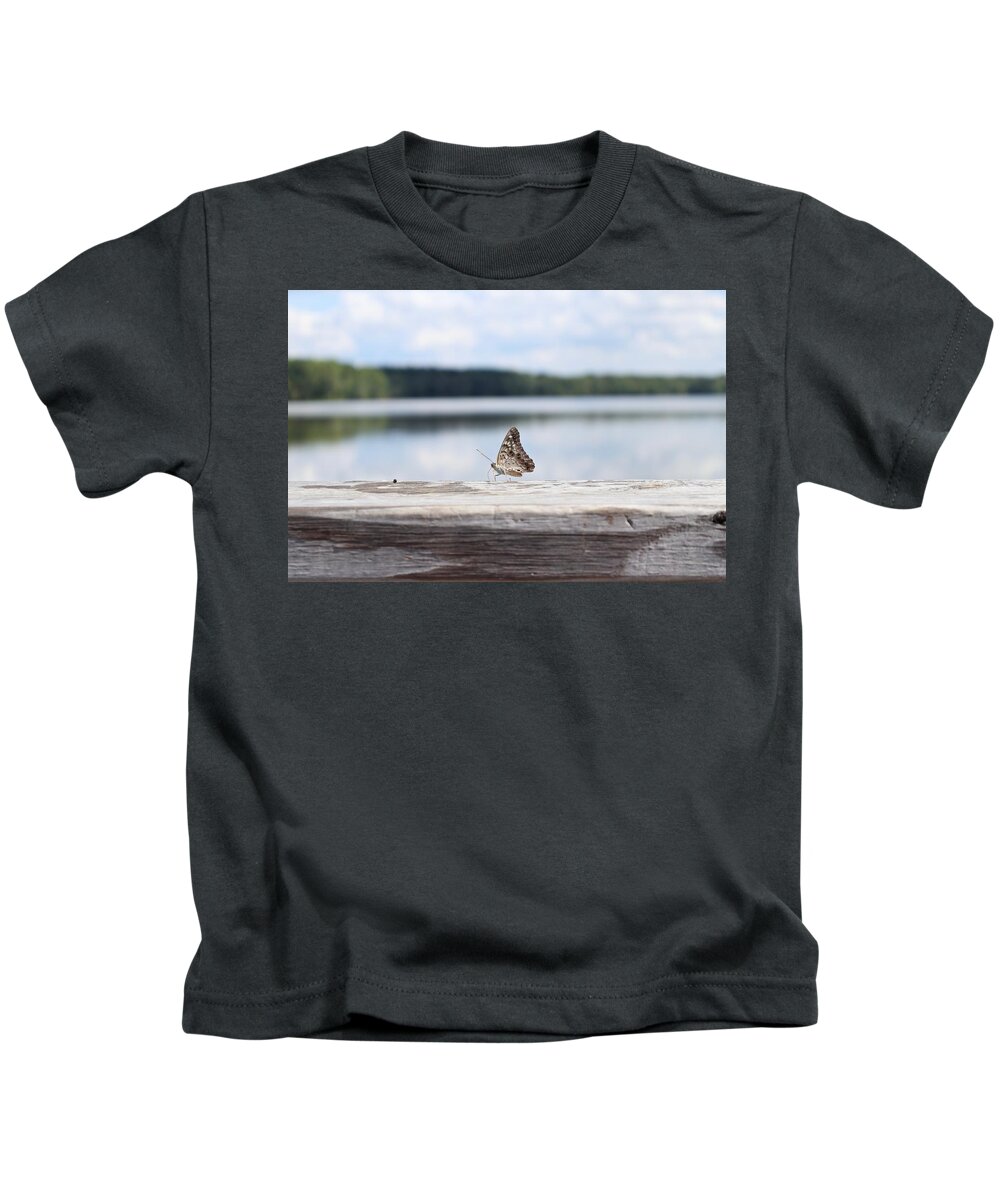 Outside Kids T-Shirt featuring the photograph Butterfly on Railing by Steven Gordon
