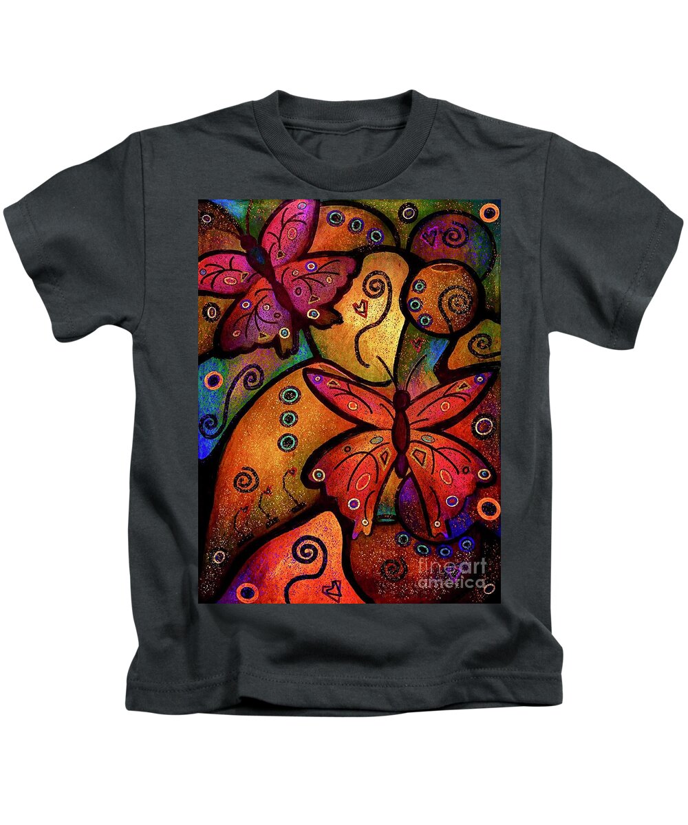 Butterflies Kids T-Shirt featuring the mixed media Butterfly Whimsy Colorful Abstract Art by Laurie's Intuitive