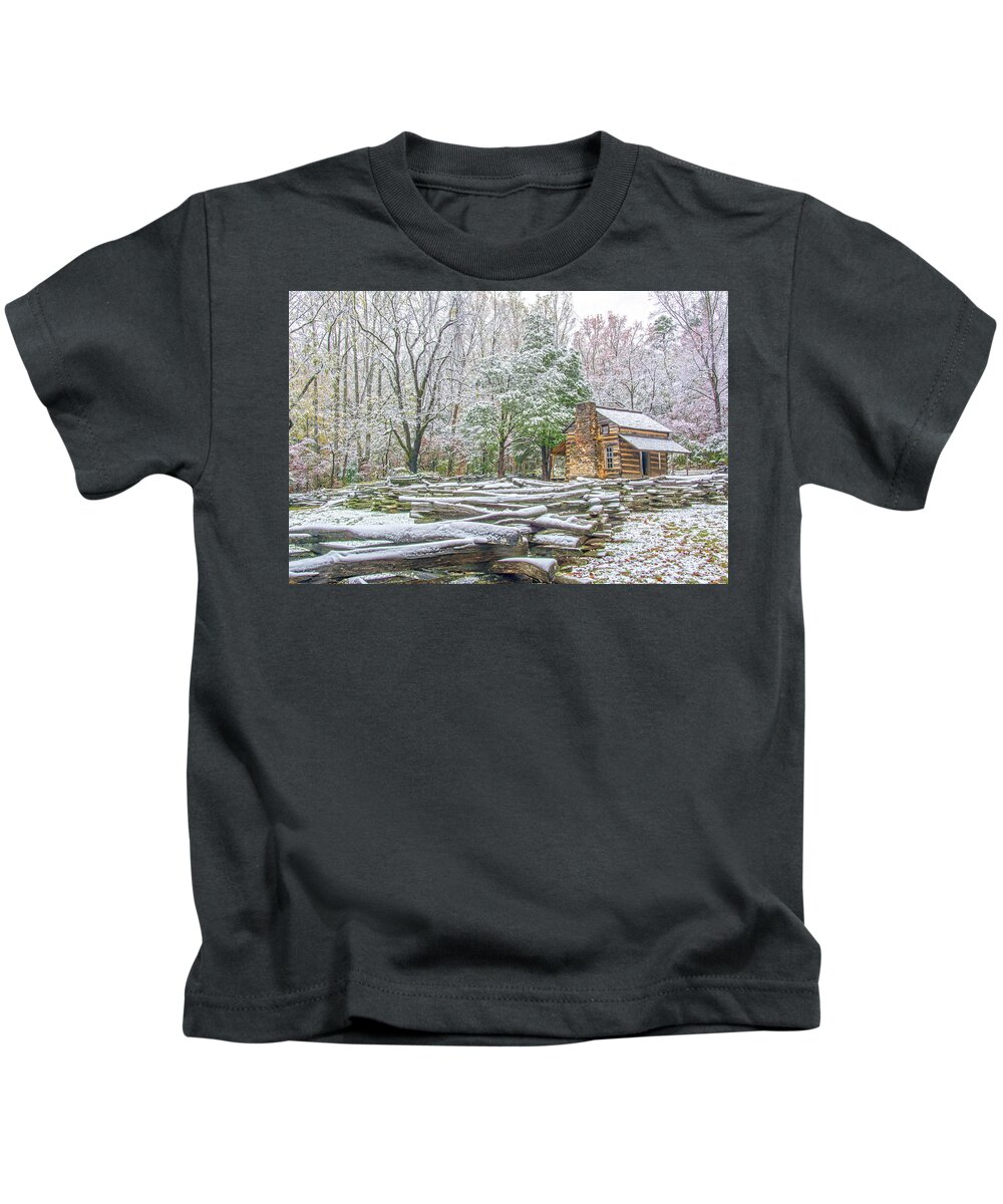 John Kids T-Shirt featuring the photograph Cabin in Snow by Douglas Wielfaert