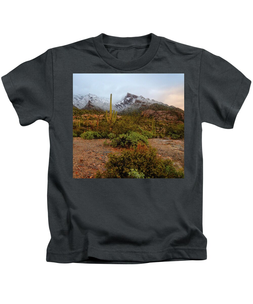 Tucson Kids T-Shirt featuring the photograph Cactus and Snowy Catalinias by Chance Kafka