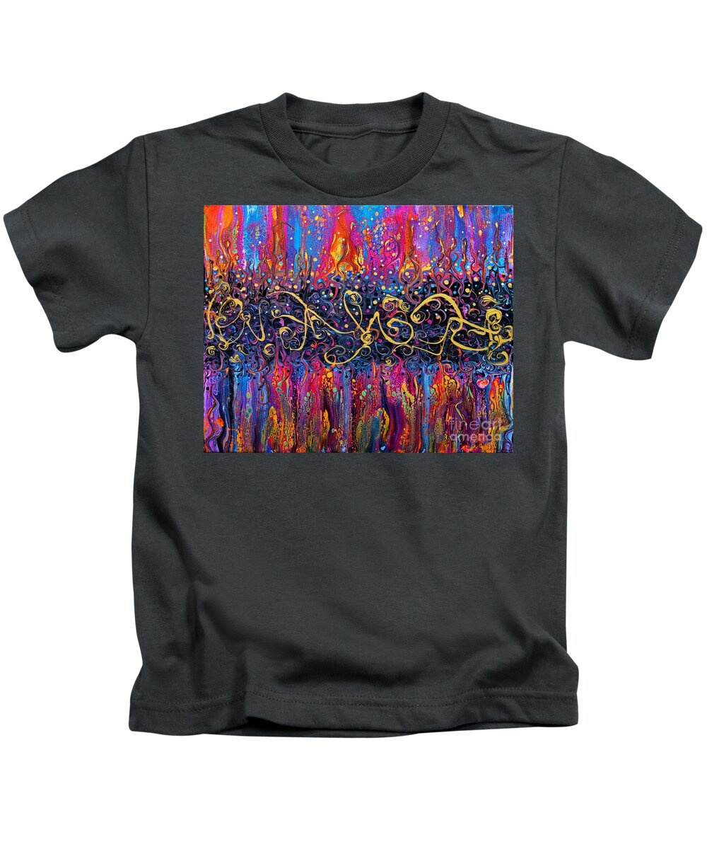 Vibrant Fun Exciting Compelling Bright Colorful Dramatic Abstract Spirals Celebration Kids T-Shirt featuring the painting Celebration 2850 by Priscilla Batzell Expressionist Art Studio Gallery