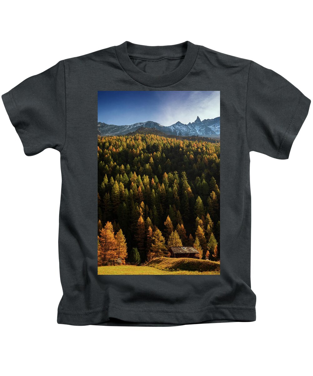 Chalet Kids T-Shirt featuring the photograph Chalet surrounded by autumn by Dominique Dubied