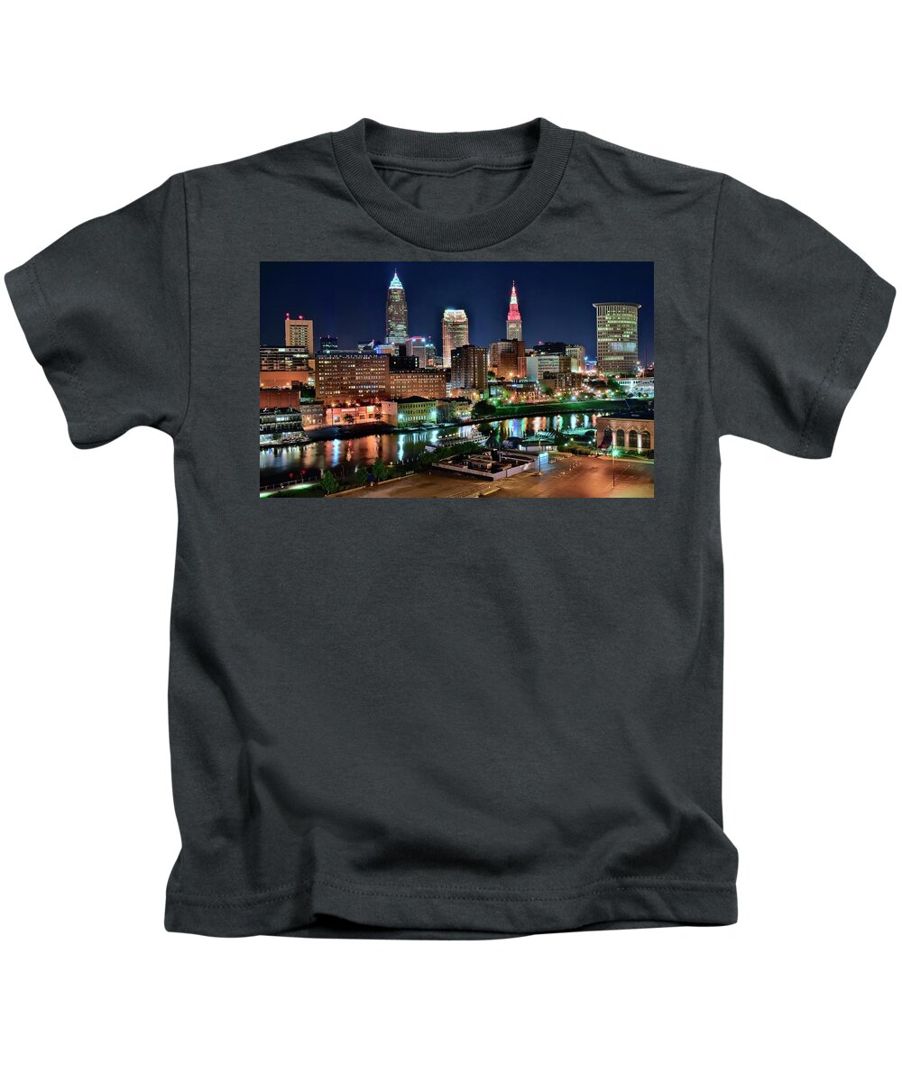 Cleveland Kids T-Shirt featuring the photograph Cleveland Iconic Night Lights by Frozen in Time Fine Art Photography