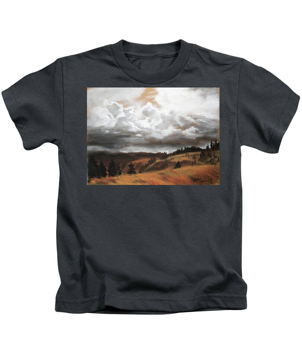 Charcoal Kids T-Shirt featuring the drawing Clouds Above the Southfork by Jordan Henderson
