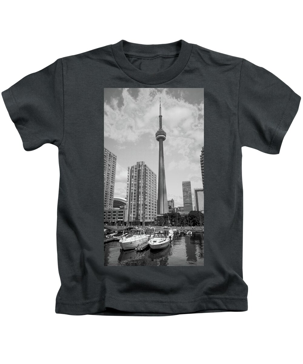 Boats Kids T-Shirt featuring the photograph CN Tower Toronto by James Canning