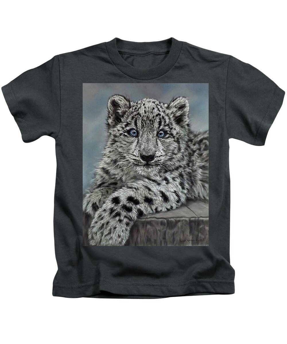 Snow Leopard Kids T-Shirt featuring the painting Coconut by Linda Becker
