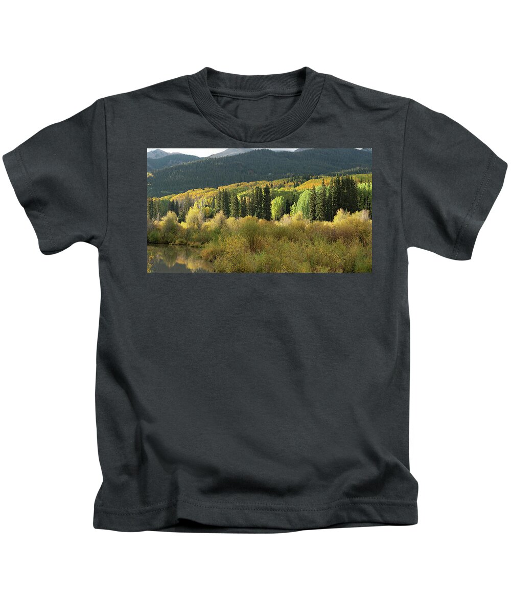 Olena Art Kids T-Shirt featuring the photograph Crested Butte Colorado Fall Colors Panorama - 1 by OLena Art by Lena Owens - Vibrant DESIGN