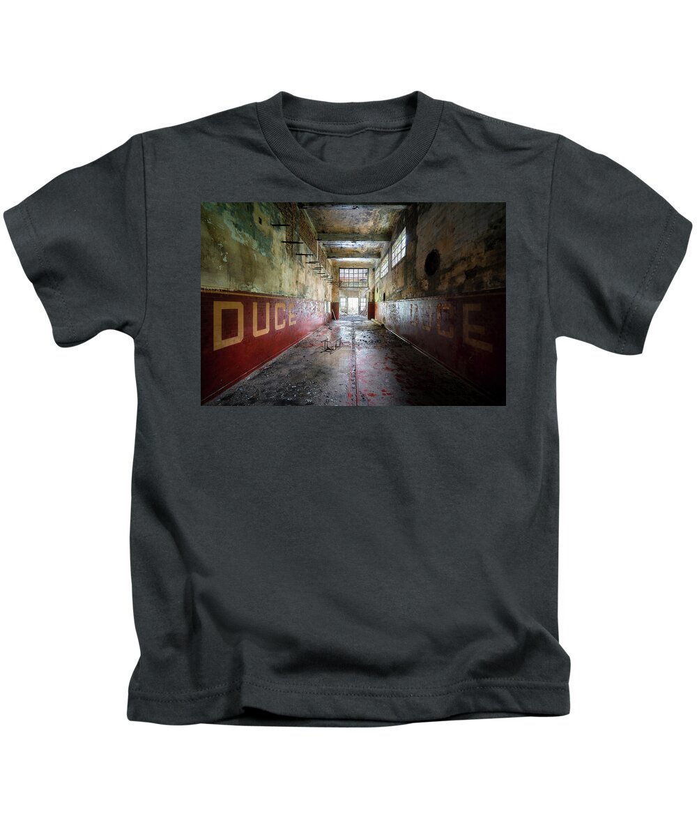Urban Kids T-Shirt featuring the photograph Dark and Abandoned Hallway by Roman Robroek