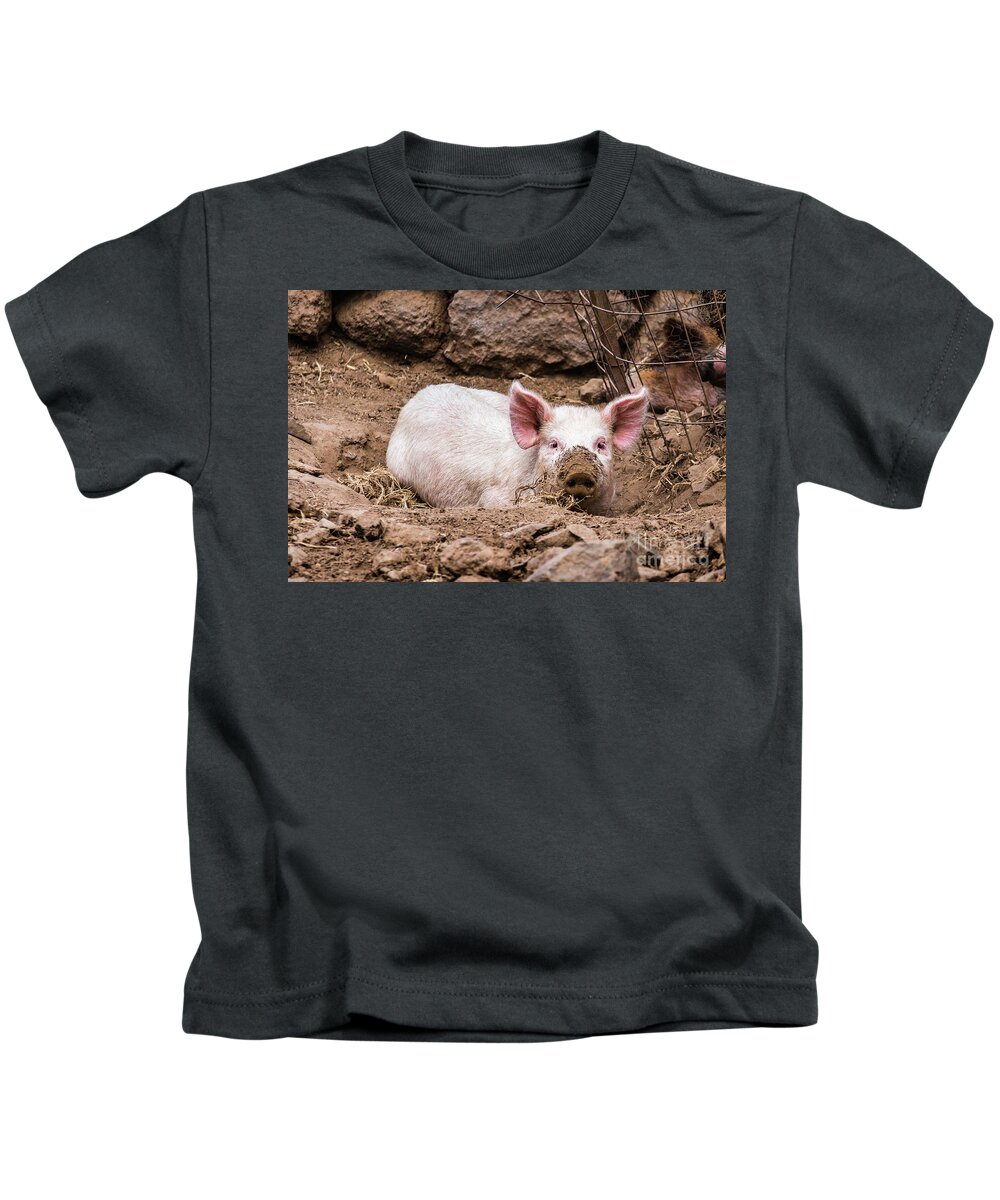 Pig Kids T-Shirt featuring the photograph Do you still see me... pig with muddy snout by Lyl Dil Creations