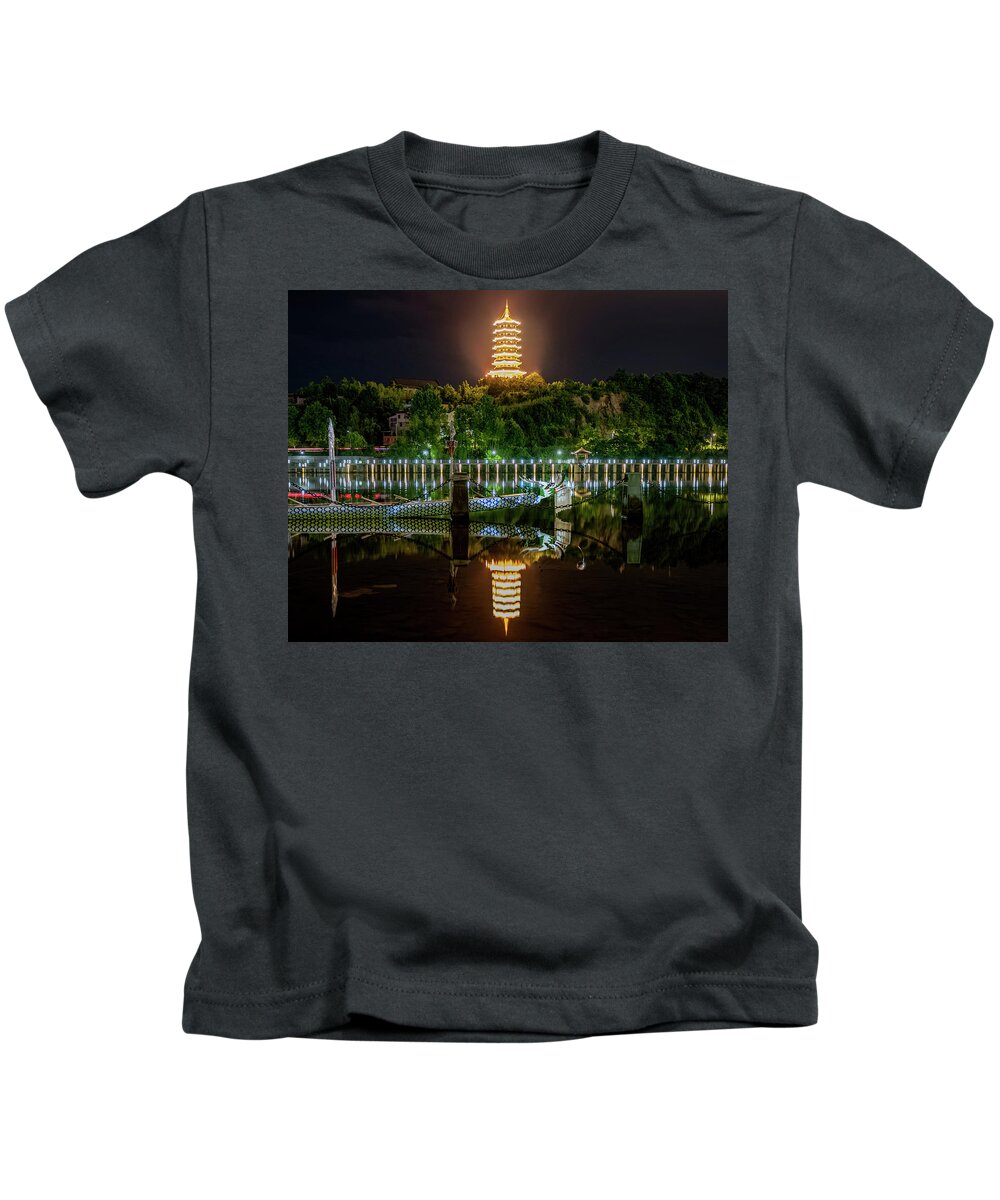 Dragon Kids T-Shirt featuring the photograph Docked Dragon Boat at Night III by William Dickman