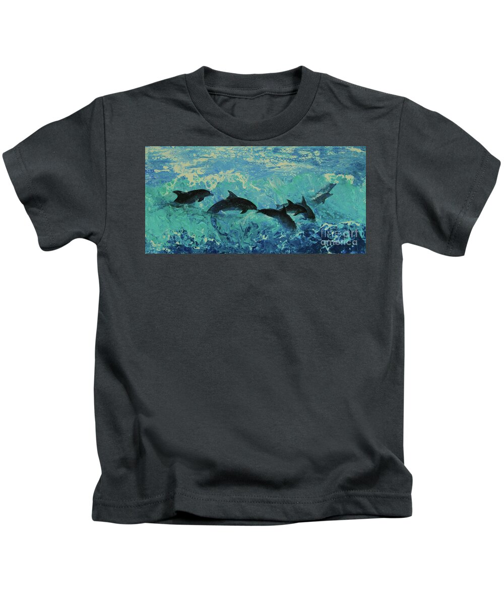 Painting Kids T-Shirt featuring the painting Dolphins Surf by Jeanette French