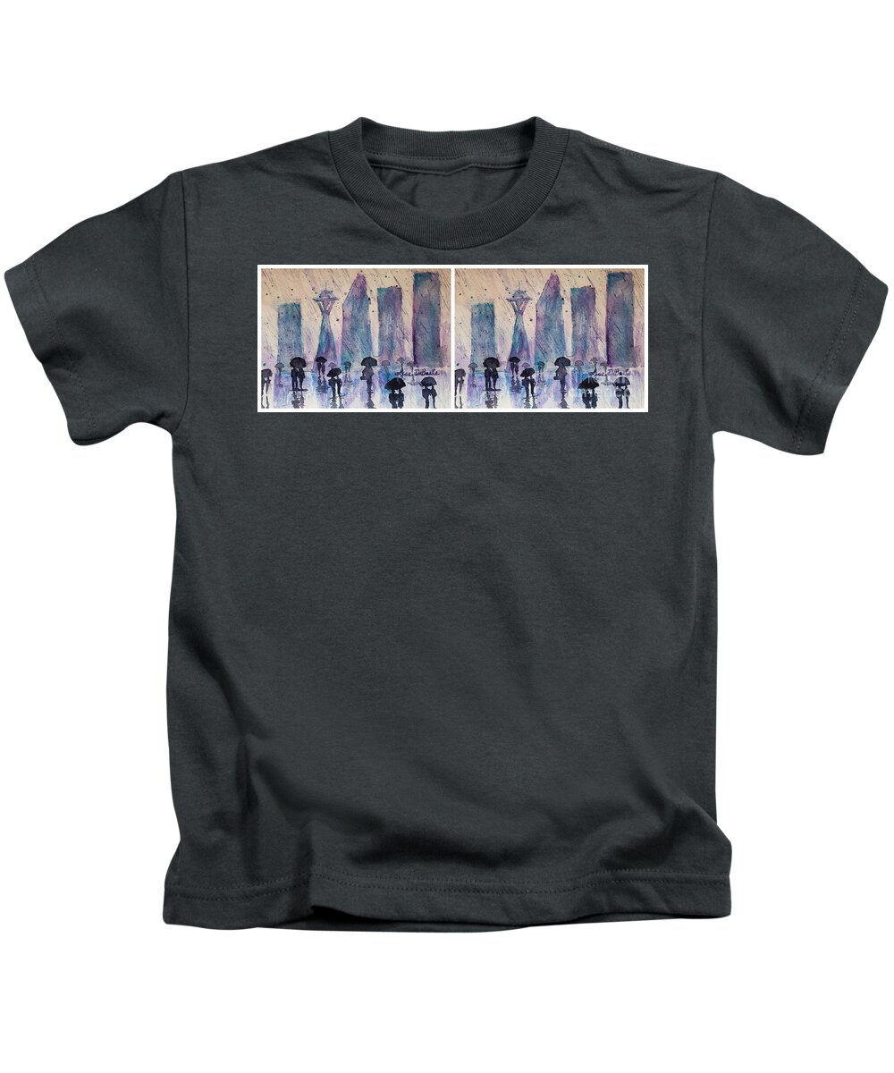 Seattle Skyline Kids T-Shirt featuring the painting Double take by Lisa Debaets