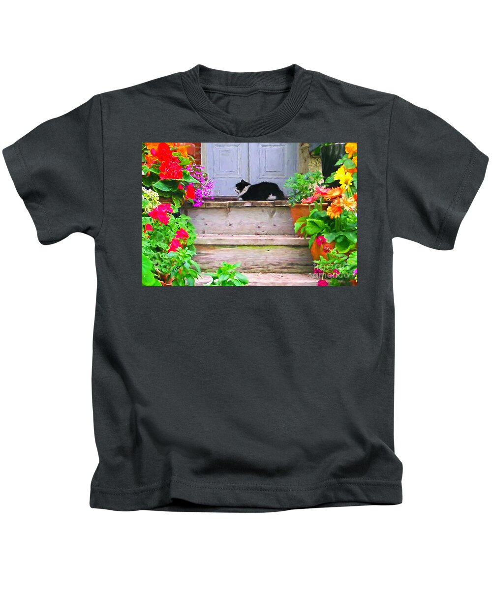 Cat Kids T-Shirt featuring the photograph Dozing Gardener by Carol Randall