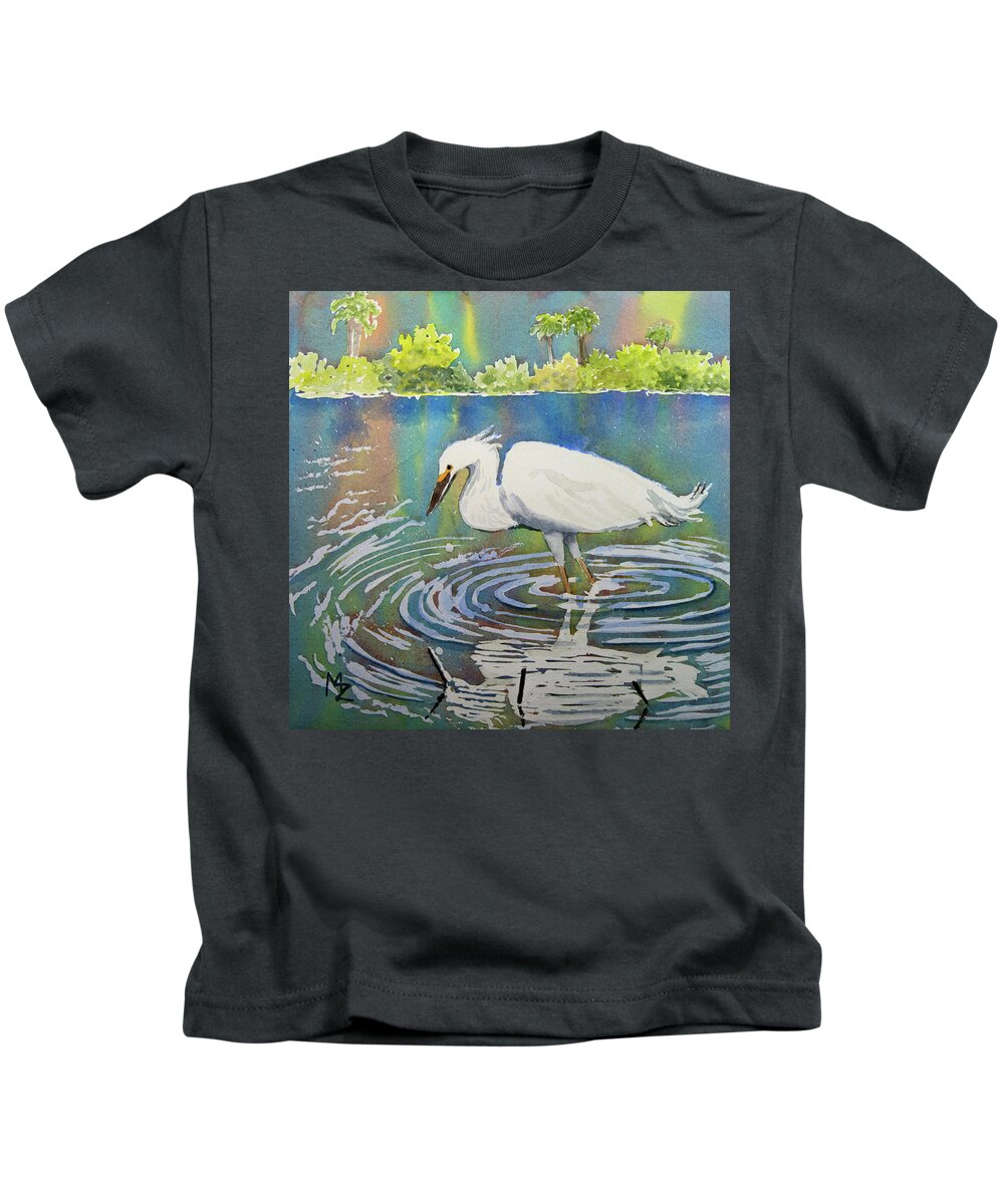 Egret Kids T-Shirt featuring the painting Egret in a World of Color by Margaret Zabor