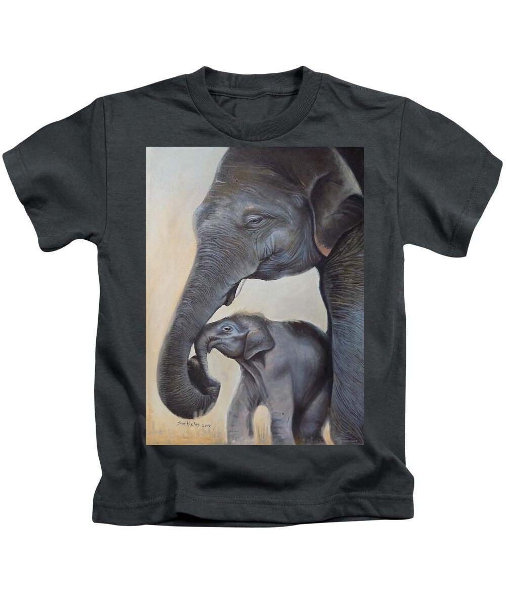 Living Room Kids T-Shirt featuring the painting Elephant and Calf by Olaoluwa Smith